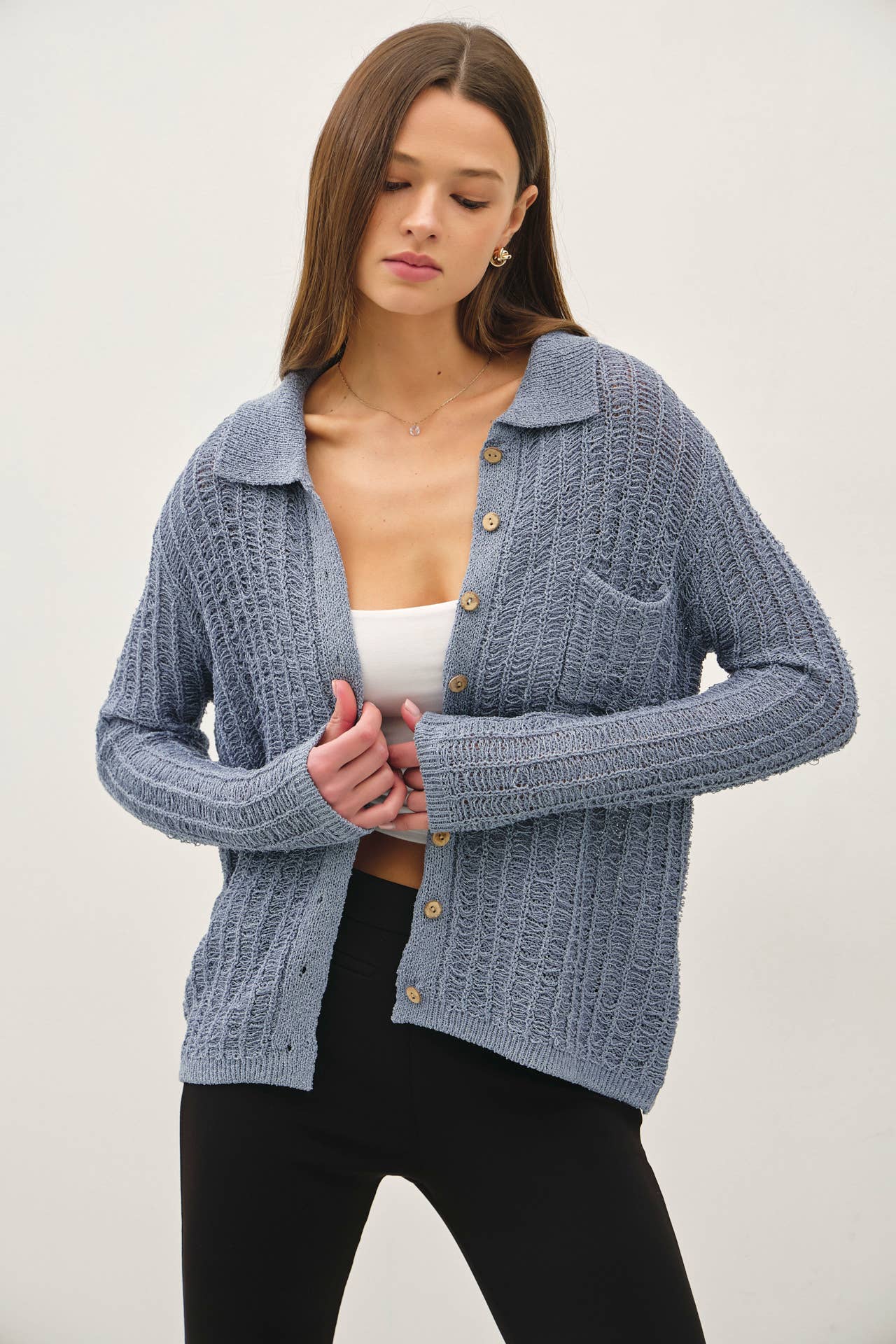 Be Cool - Wholesale Cardigan - Women's - BREEZY TEXTURED KNIT BUTTON UP COLLARED CARDIGAN 12