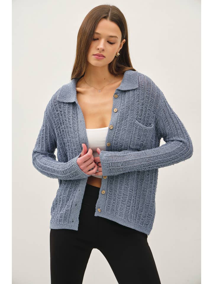 Be Cool - Wholesale Cardigan - Women's - BREEZY TEXTURED KNIT BUTTON UP COLLARED CARDIGAN 12