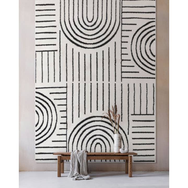 Well Woven - Wholesale Area Rug - Boho Rainbow Shag Geometric Ivory Black High-Low Rug1