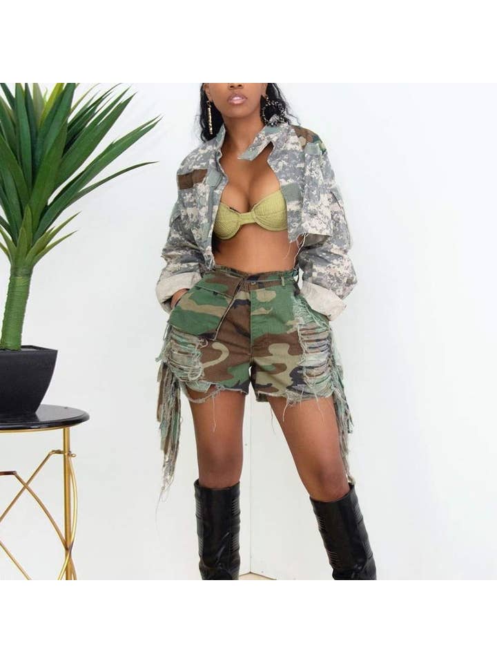 Queen Fashion - Wholesale Shorts - Women's - camouflage ripped pockets straight summer shorts10