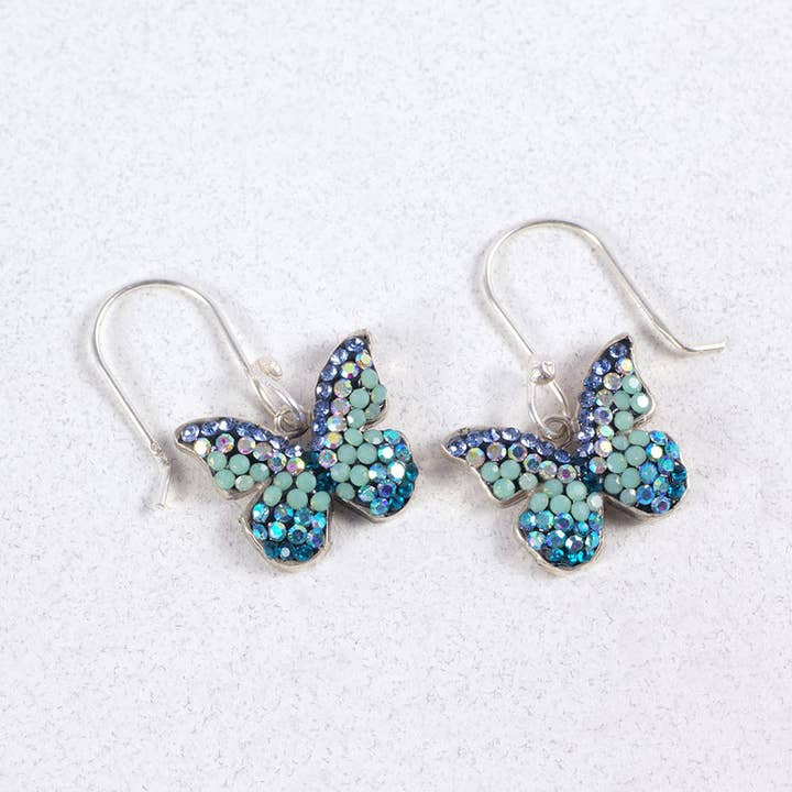 PE-8139 / CRYSTAL & SILVER MARIPOSA EARRINGS for wholesale by Mosaico Jewels