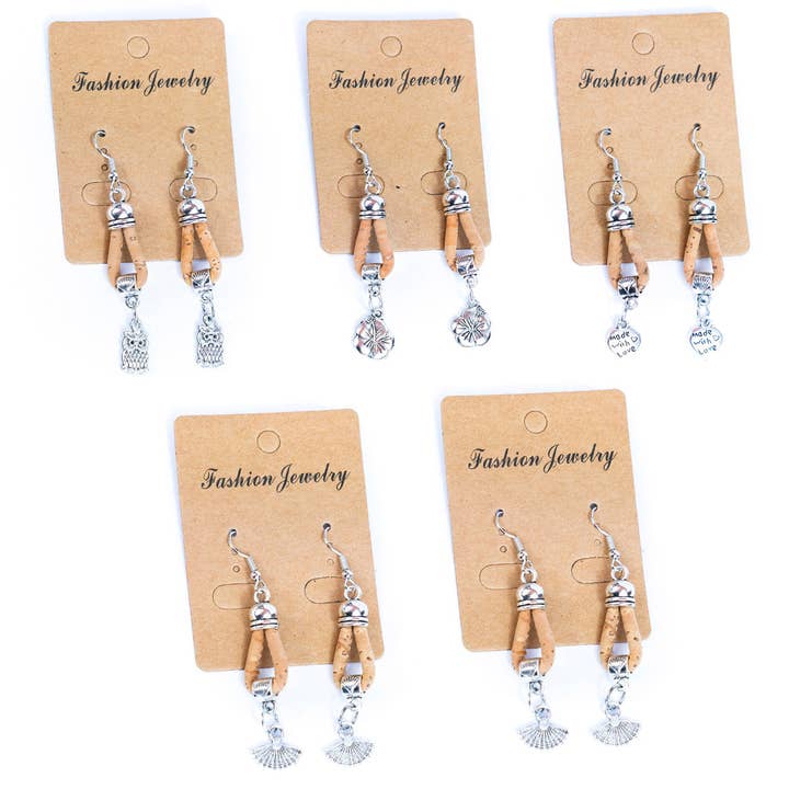 natural cork cord and 5 styles of pendants handmade earrings-ER-180-MIX-5 for wholesale by Meninas Bonitas Cork