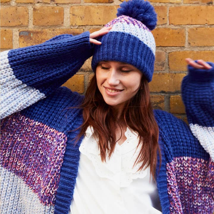 Cara & The Sky - Wholesale Beanie - Women's - Phoebe Stripe Beanie Bobble Hat - Cobalt Blue