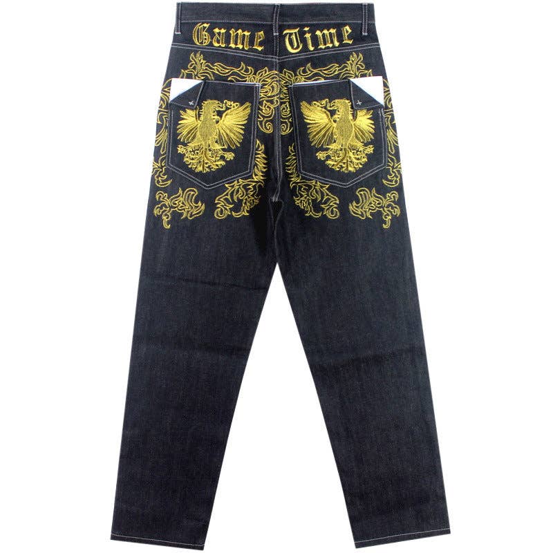 Black Straight Leg Embroidered Denim Pants Trendy Casual Hip Hop for wholesale on Faire4