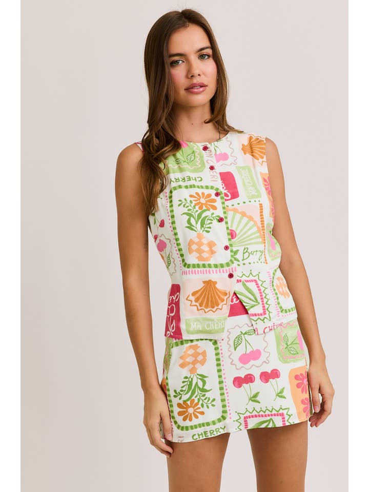 WHITE MULTI BUTTON DOWN SLEEVELESS TOP WITH SLIT MINI SKIRT for wholesale on Faire
