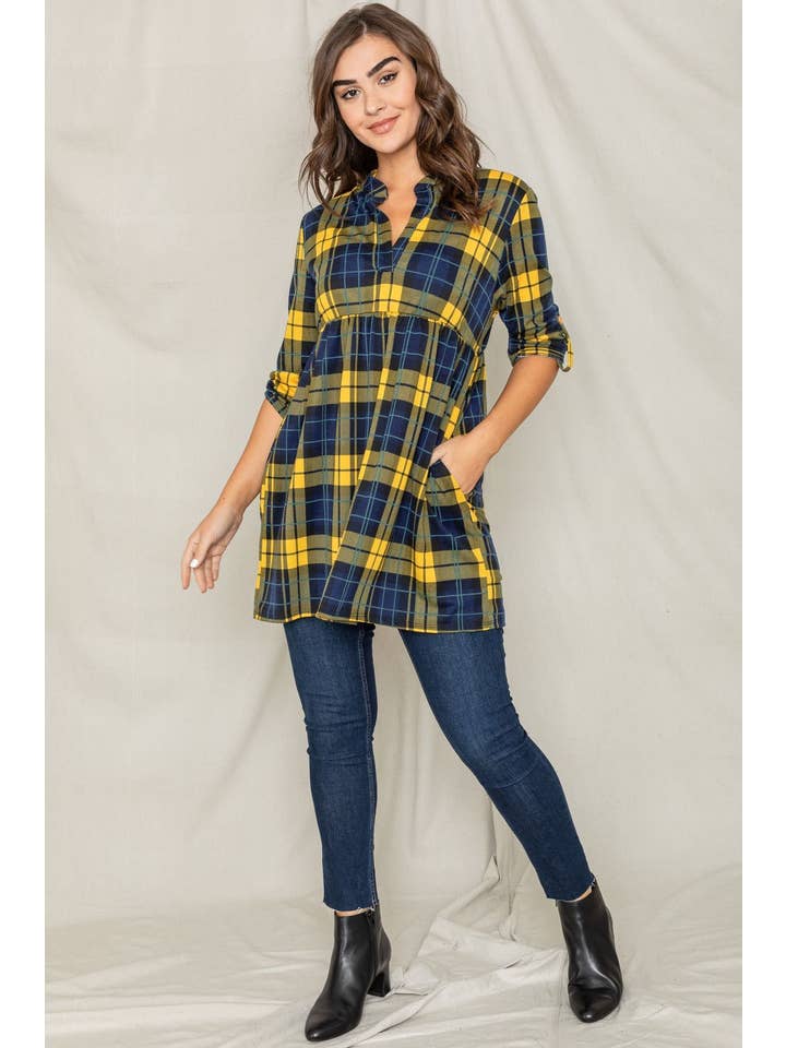 gelb Karierte Empire-Tunika mit Taillenärmeln für den Großhandel auf Faire3