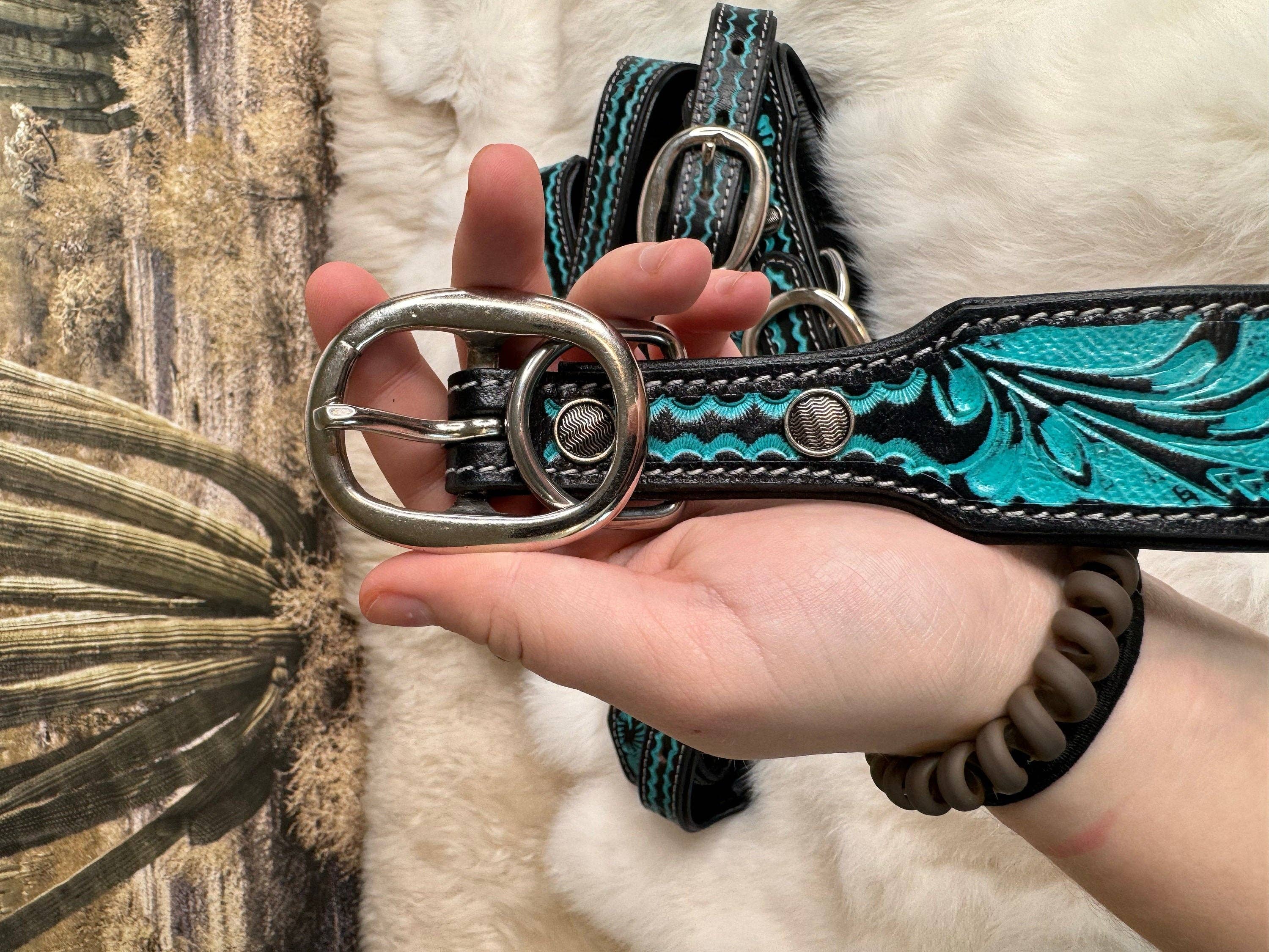 The Sterling Gypsy - Wholesale Pet Collar - Dog - Turquoise Tooled Leather Western style Dog Collar, Show Dog, Farm Dog, Cow Dog, Cattle Dog3