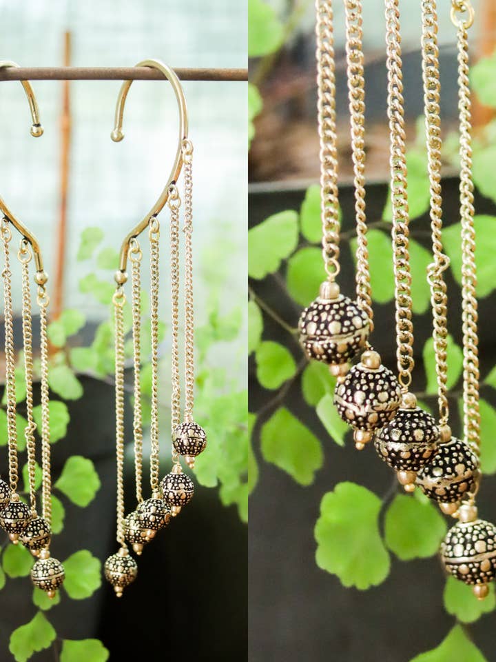 Brass Ornate Ball Charm Ear Cuffs | Chandelier Dangle Whimsy for wholesale by Ragavon