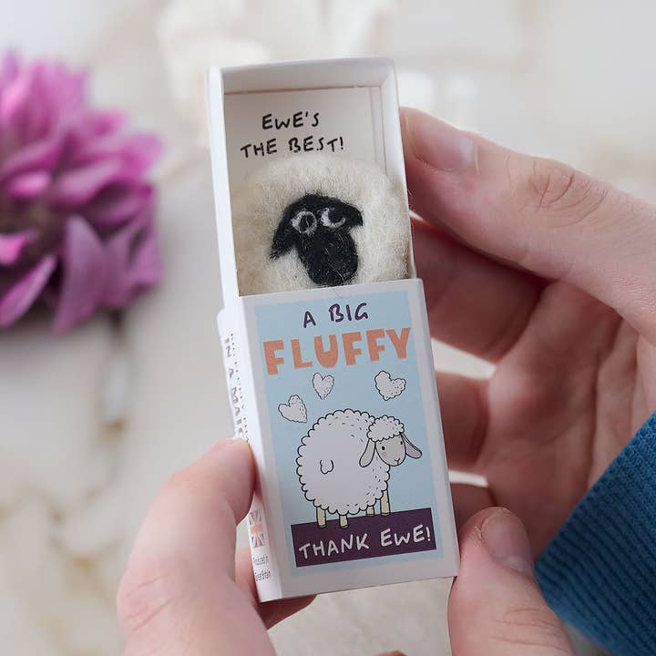 A Big Fluffy Thank Ewe Wool Felt Sheep In A Matchbox for wholesale by Marvling Bros Ltd