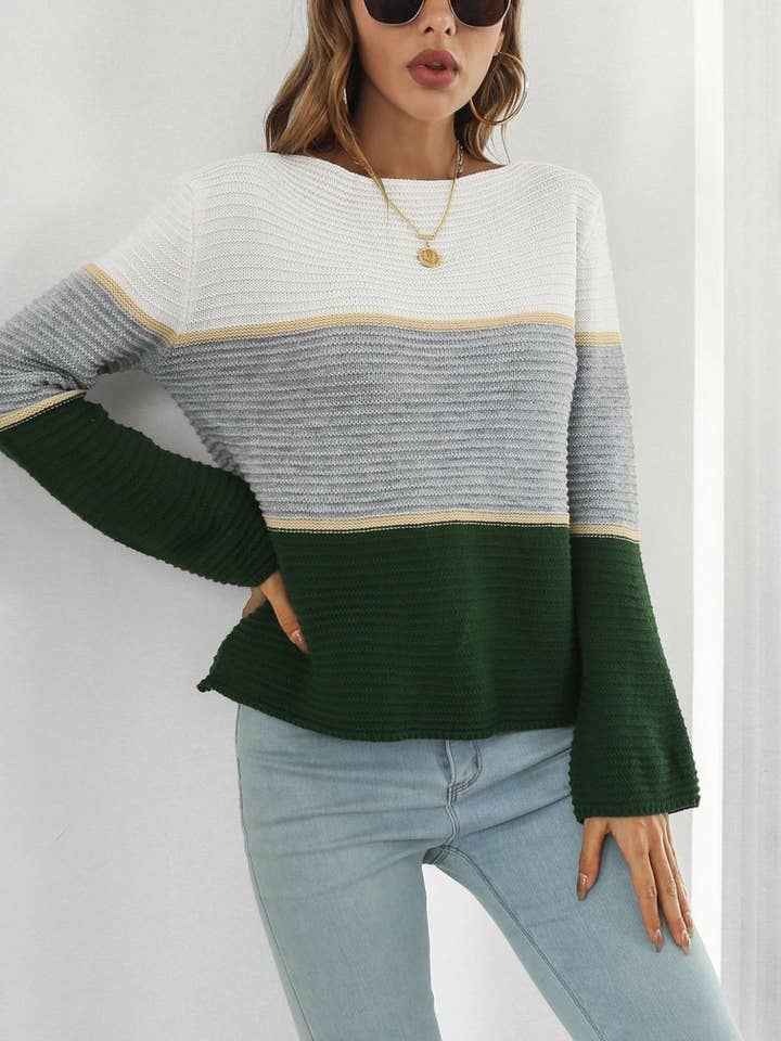 CWOSWL4069_CONTRAST GRADIENT STRIPED BOAT NECK KNIT SWEATER for wholesale by NINEXIS