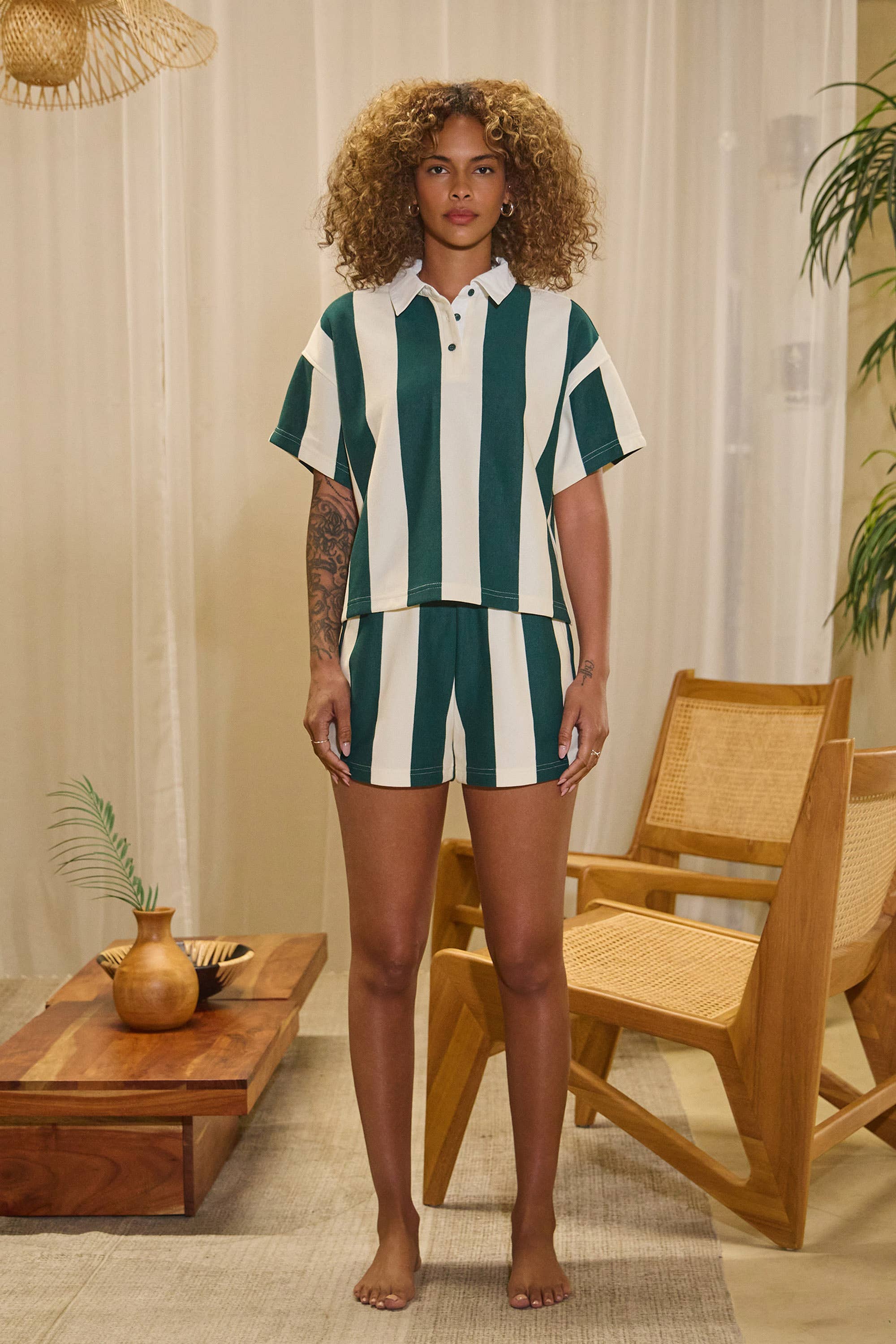 No Vacancy - Wholesale Lounge Set - Women's - Vertical striped short slv rugby top & shorts set10