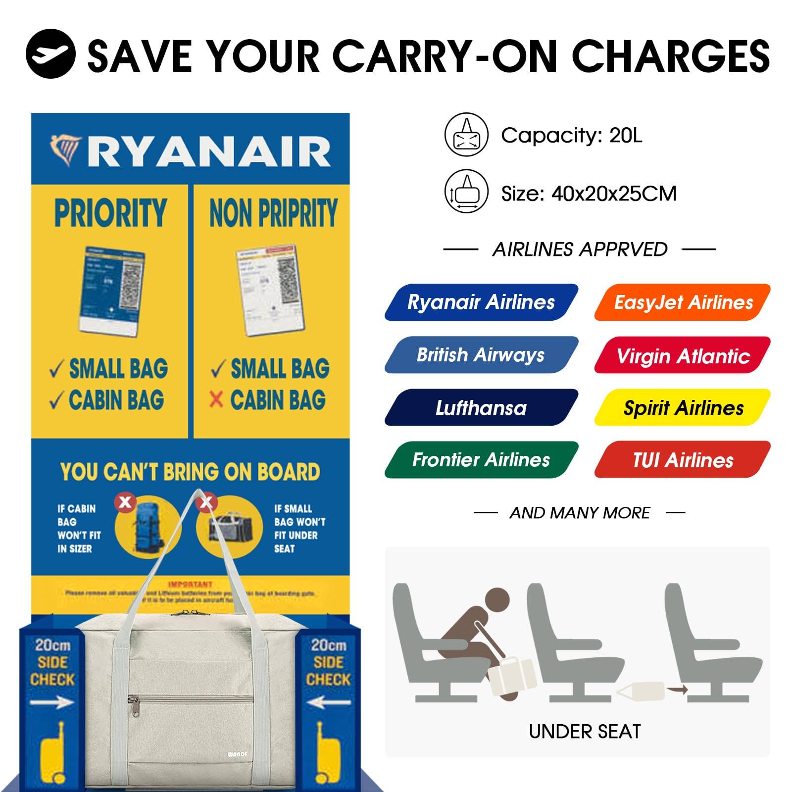 wandf - Wholesale Weekender Bag - Women's - Airplane Personal Item Travel Bag Best Underseat Bag WF112213