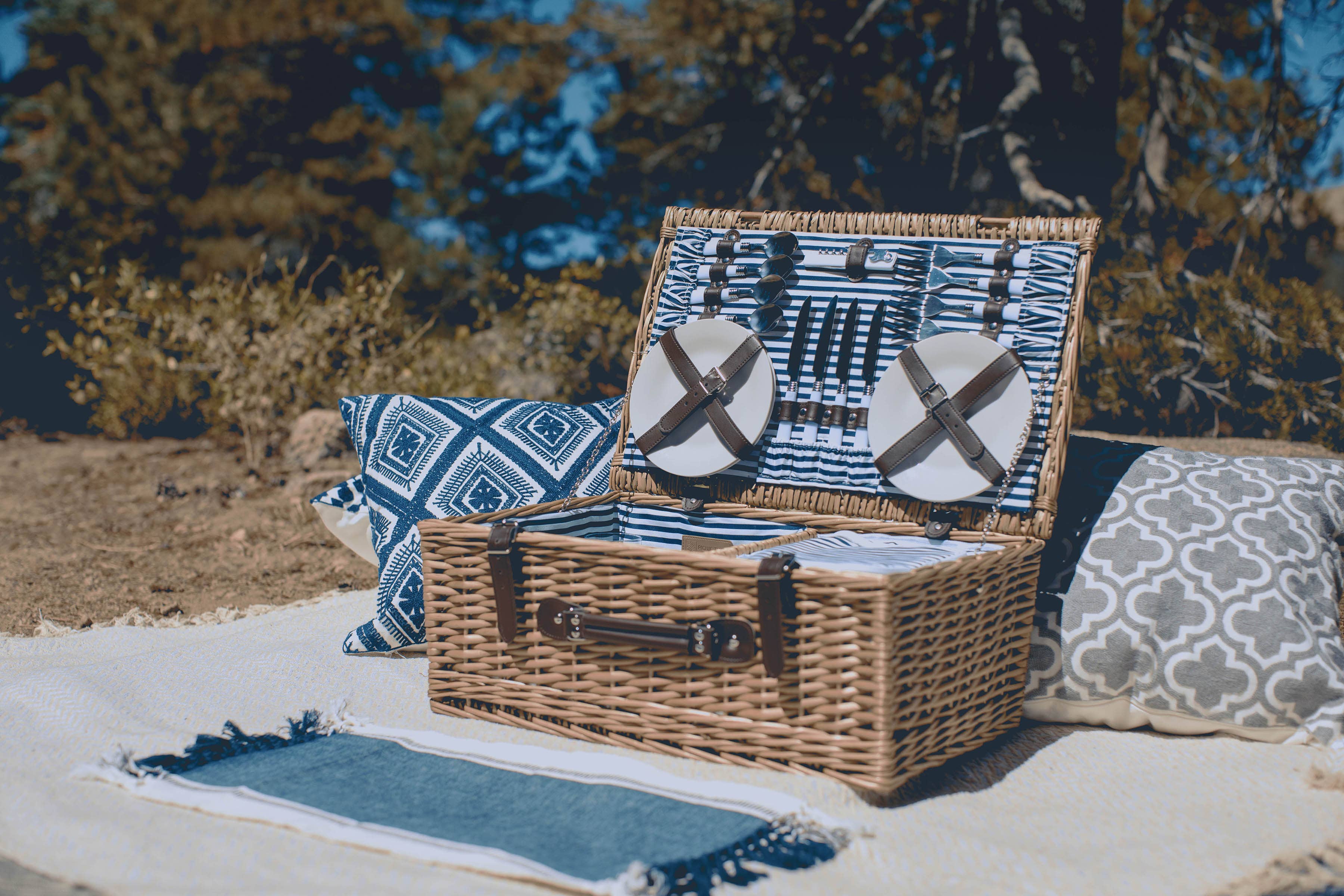 Belmont Picnic Basket, (Navy Blue & White Stripe) for wholesale on Faire21
