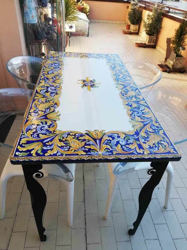 Ornate Rectangular Table with Central Flower (SG) – Decorated Lava Stone for wholesale by DD Ceramiche Siciliane