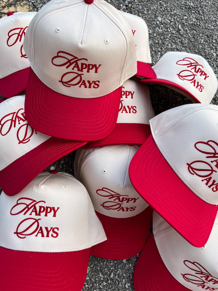 happy days script embroidery natural trucker hat for wholesale by Banks & Co.