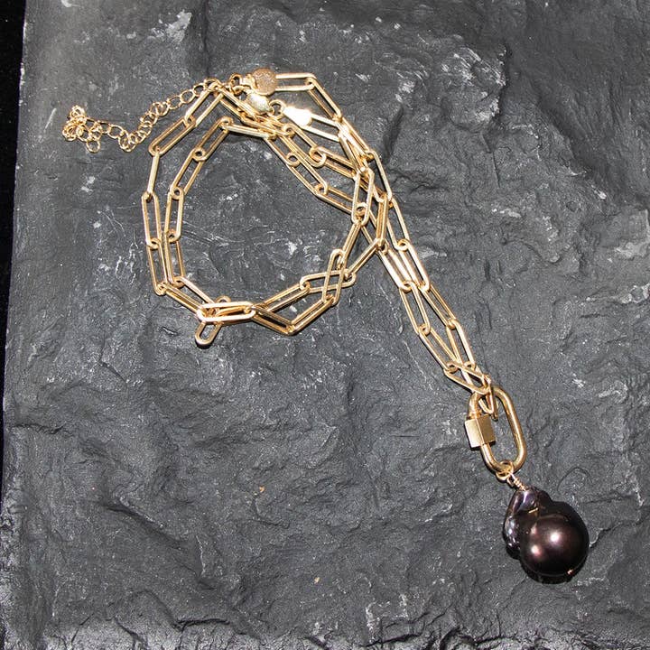 Gold filled carabiner baroque black pearl necklace for wholesale by Maddy Starred