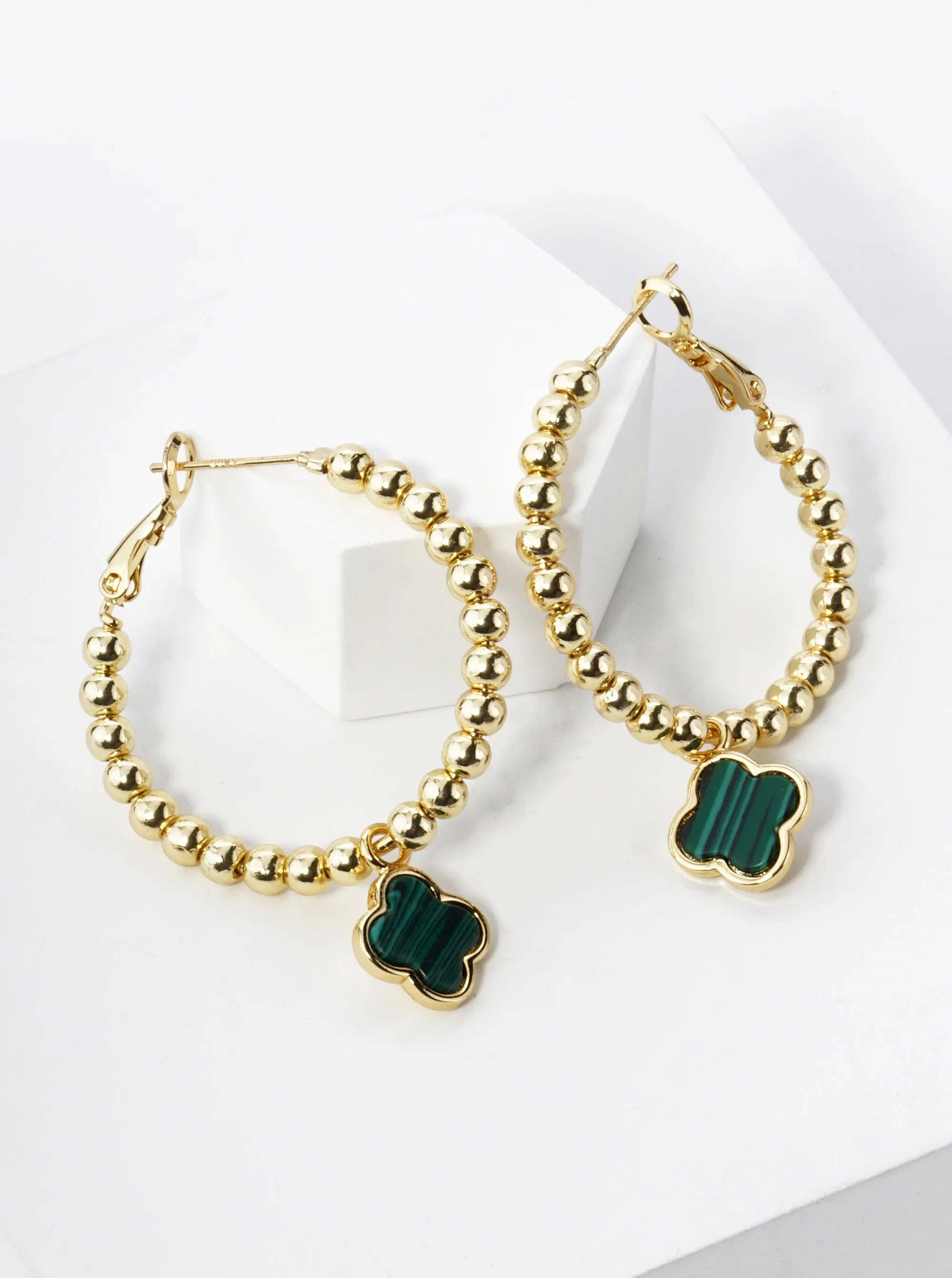 Wild Honey - Wholesale Hoop Earrings - 18K Gold Dipped Quatrefoil Drop Beaded Hoop Earrings1