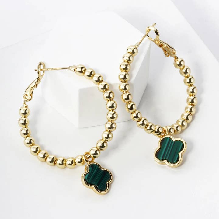 Wild Honey - Wholesale Hoop Earrings - 18K Gold Dipped Quatrefoil Drop Beaded Hoop Earrings1