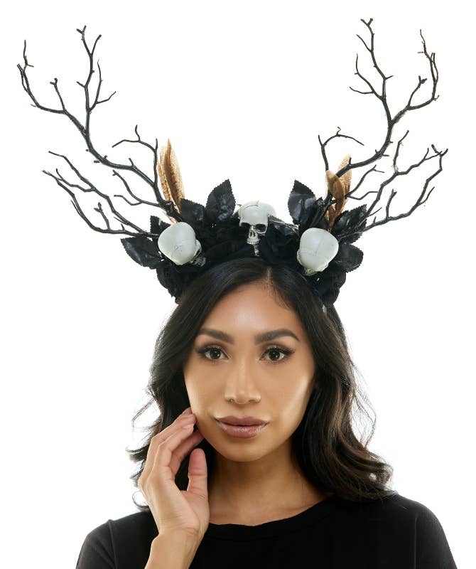 KBW Global Corp. - Wholesale Fashion Headband - Unisex - Black Gothic Antler Skull Rose Headband0
