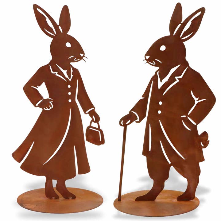 Figuras de conejos de óxido noble – Decoración de jardín Sir Hopps & Lady Leaf para venta al por mayor de Rostikal