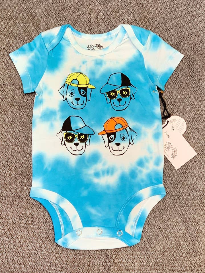 Dogs Tie Dye Onesie FRONT & BACK GRAPHIC for wholesale by Rainbow and Rocket
