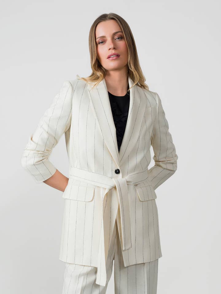 Cappotto lungo con cintura a righe gessate per la vendita all'ingrosso da parte di Etiem