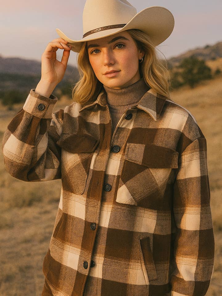 25076- Western Charm Plaid Shacket – Cowgirl-Inspired Layer for wholesale by U R My Sunshine