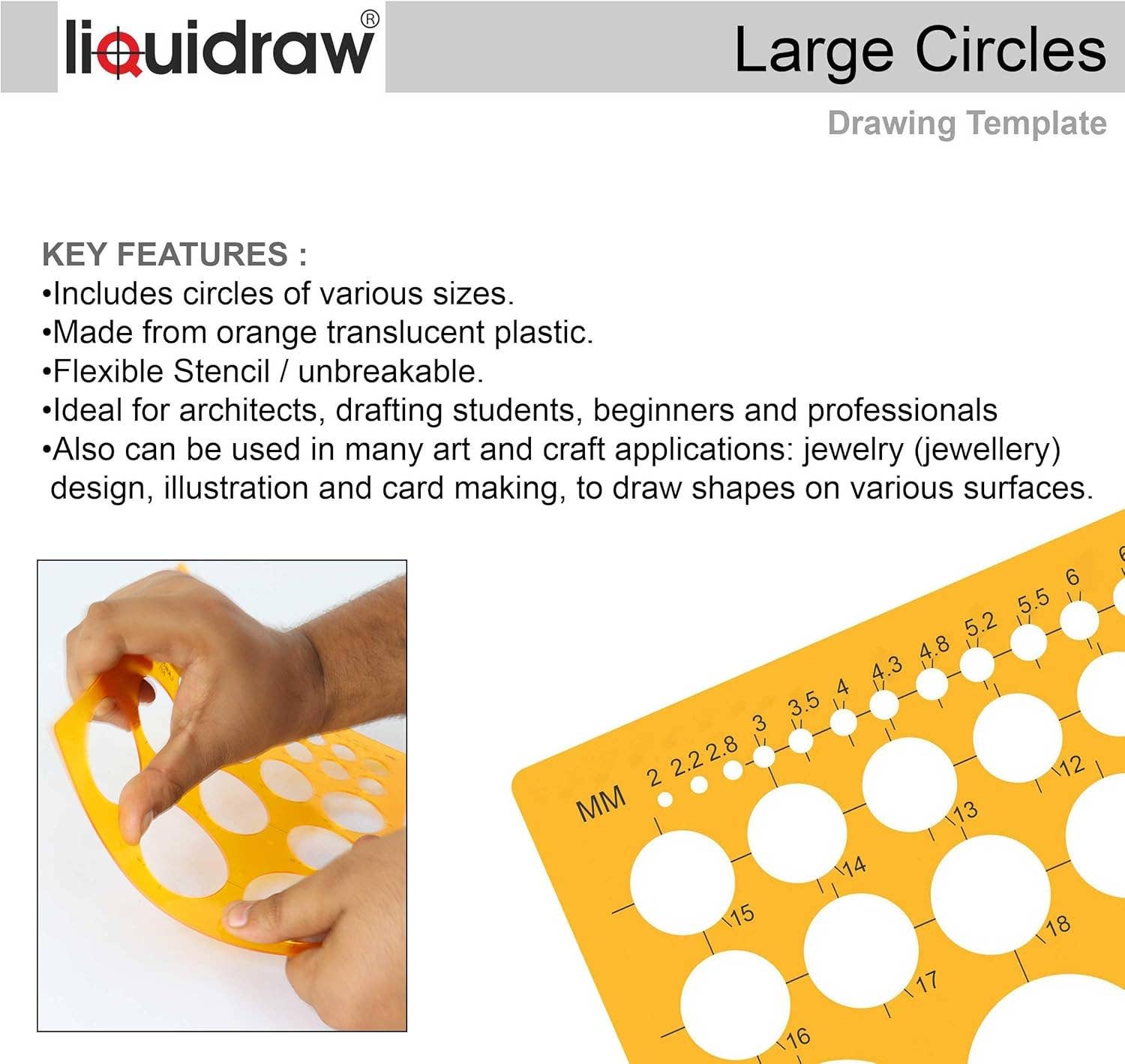 Liquidraw – wholesale Stencil/craft die – Liquidraw Circle Stencil Template | 45 Circles of Various Sizes | Ideal for Maths, Geometry or Drawing Shapes | Suitable for Engineering, Architecture & Drafting | Durable See-Through Orange Plastic3