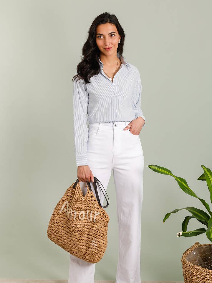 Blue Striped Cotton Shirt with Back Embroidery – X53-1 for wholesale on Faire