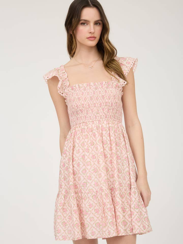 Blu Pepper – Vestido - Mulher por atacado – Vestido mini franzido com padrão de treliça floral