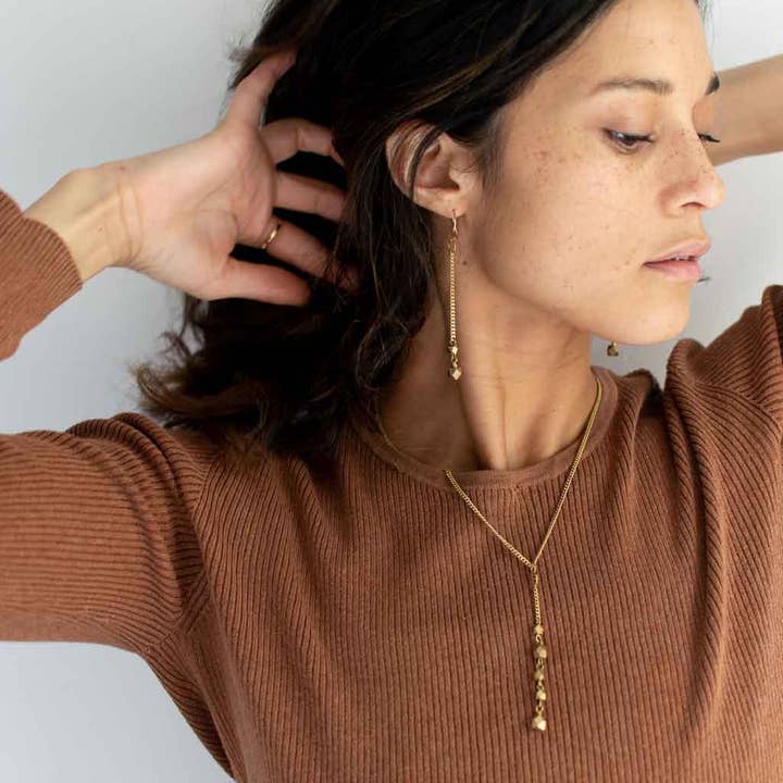 Fair + Simple - Wholesale Y-Neck/Lariat Necklace - Faceted Lariat Necklace in Geometric Brass