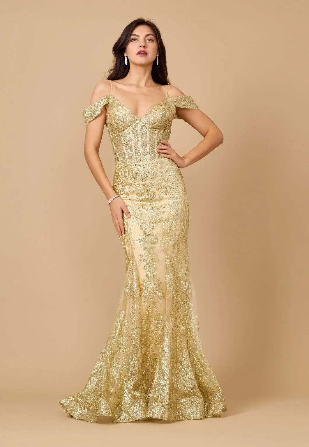 Kos Couture - Wholesale Gown - Women's - Off Shoulder Sequin Corset Formal Dress Gold11