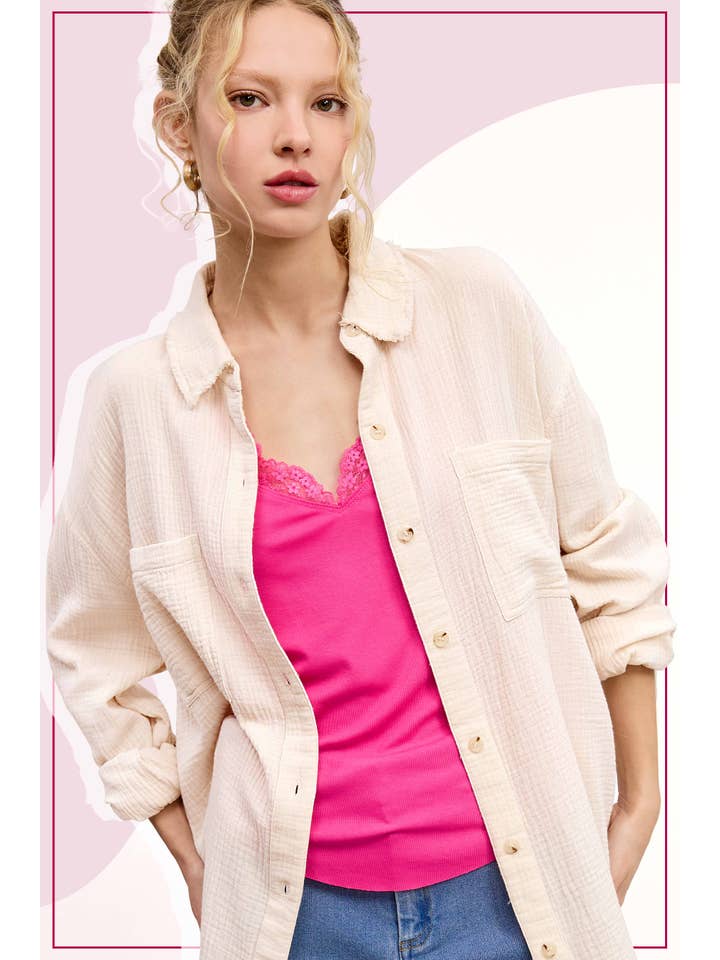 La Miel – wholesale Buttoned-down shirt – Women's – SRT7448-Soft Washed Crinkled Gauze Button Down Shirts12