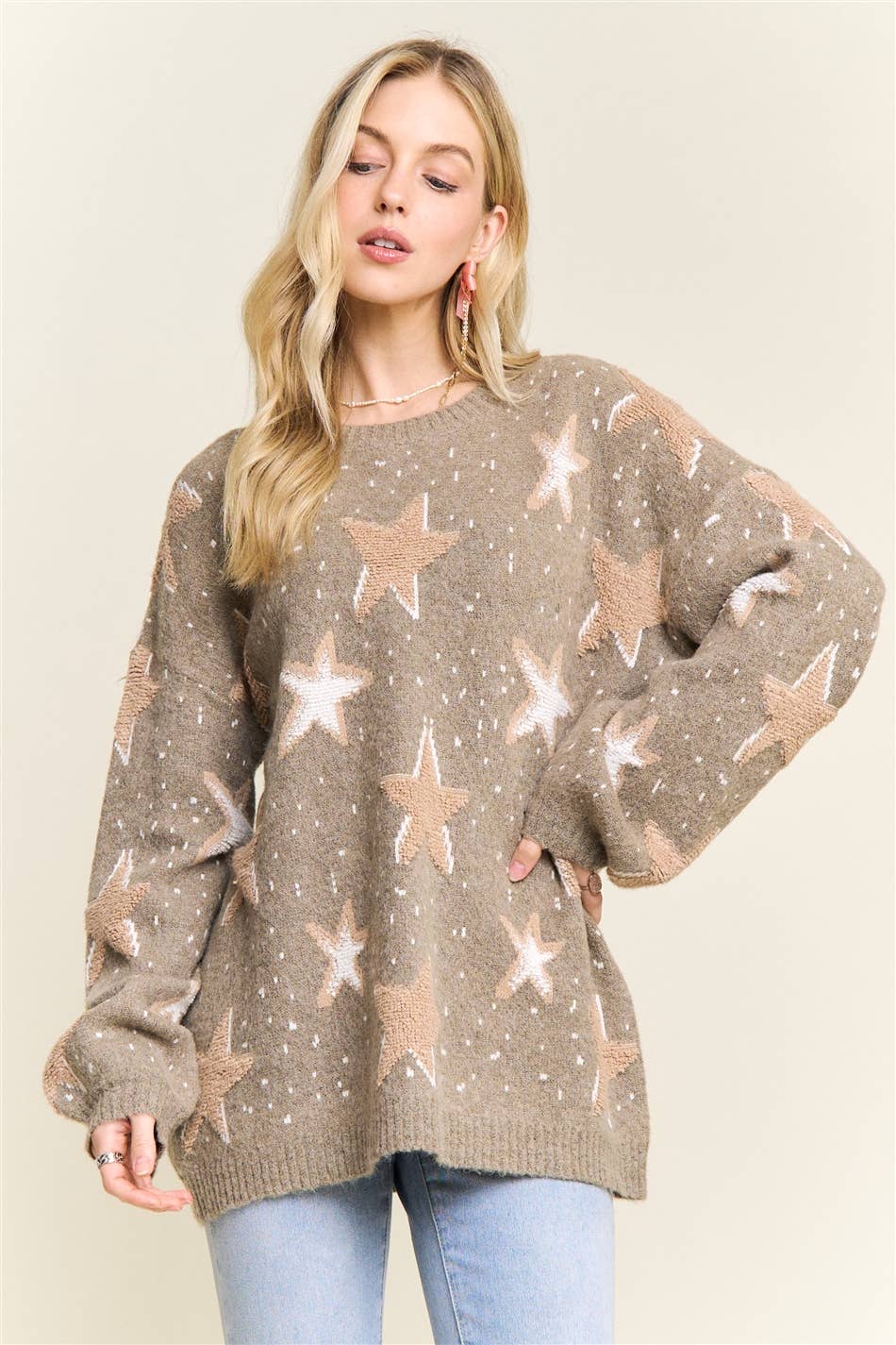 ADORA LA - Wholesale Knit Sweater - Women's - CESW2548 - TEXTURE STAR PATTERN CREW NECK SWEATER15