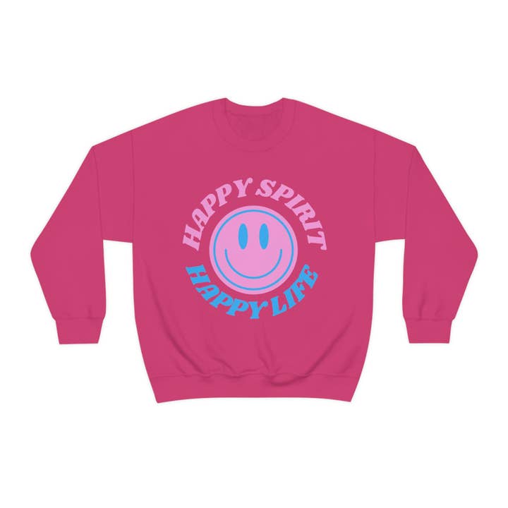 Sweat-shirt Happy Spirit Happy Life, col rond VSCO pour fille, tumblr graphique surdimensionné à police rétro, couverture tendance Smile Face imprimée sur le devant pour la vente par Happy Life Stuff