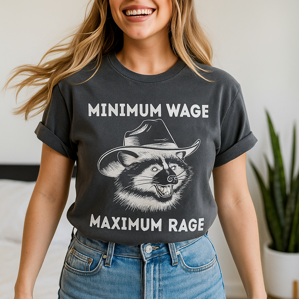 Scently Moments - Wholesale Screen Printed T-Shirt - Unisex - Minimum Wage Maximum Rage Tee, Graphic Raccoon Shirt0