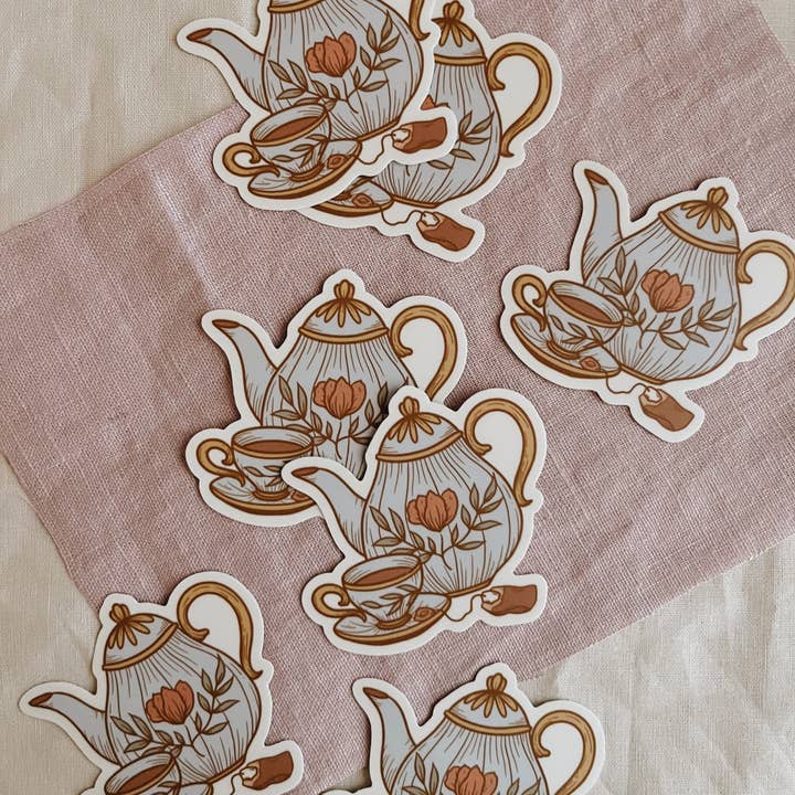 Flora West Design - Wholesale Sticker - Vintage Teapot and Teacup Vinyl Sticker Tea Party!1