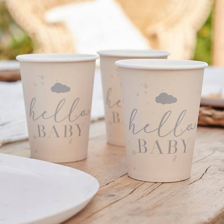 Eco Paper Cups - Hello Baby Speckle - Cream & Grey for wholesale by Ginger Ray