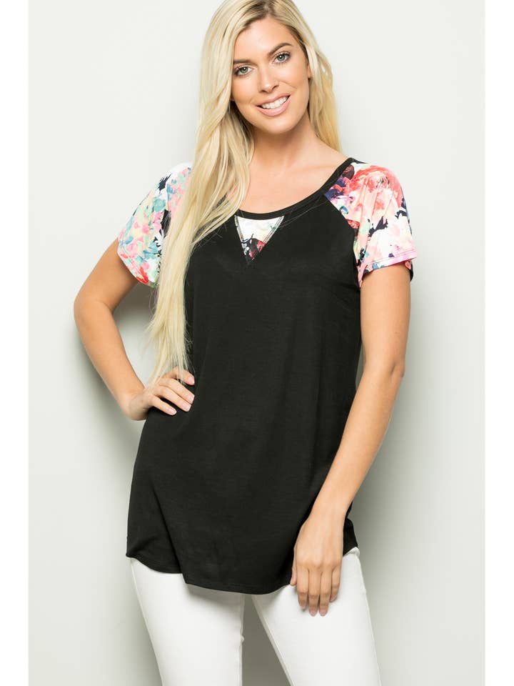 FLORAL PRINT CONTRAST SOLID TOP for wholesale by Pink Irene Wholesale