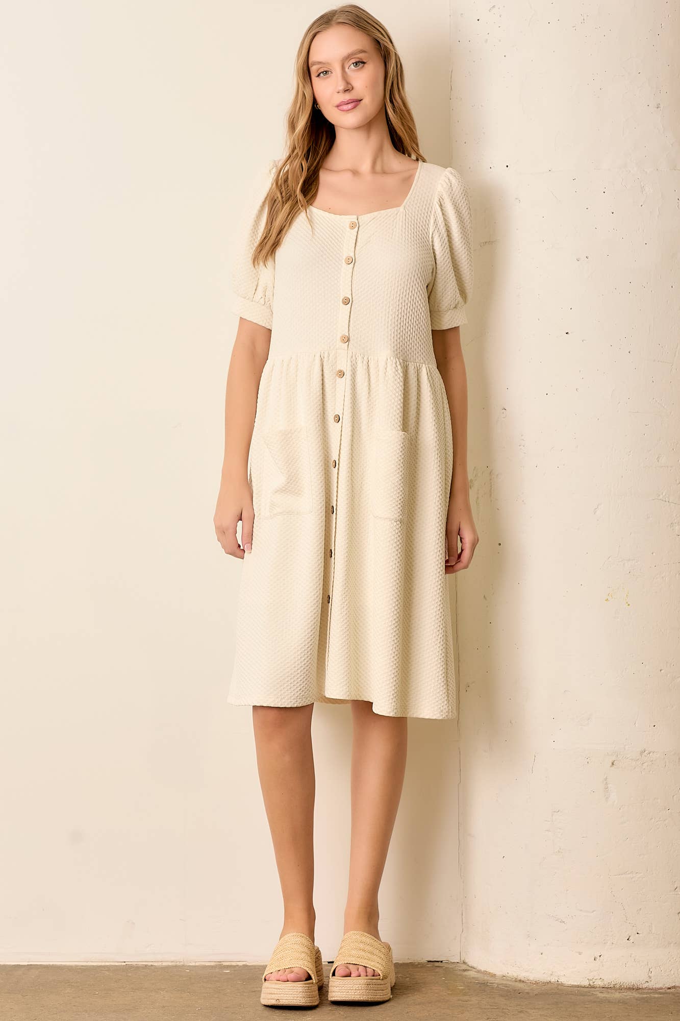 CREAM ROUND NECK BUTTON UP DRESS W POCKET for wholesale on Faire0