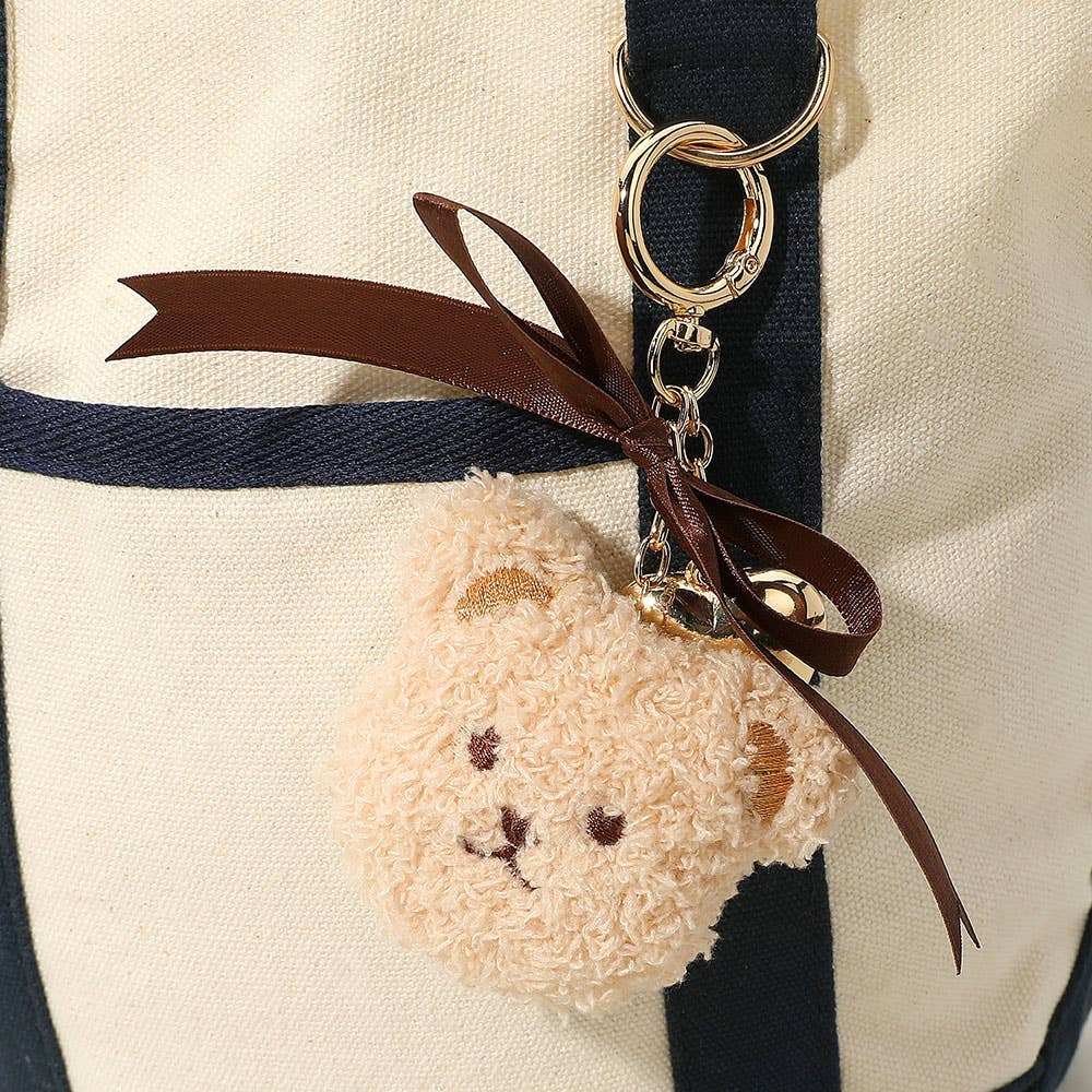 Sensibling Corp. - Wholesale Keychain - Women's - Bow Metal Heart Charm Fluffy Teddy Bear Face Plush Doll Keychain / Bag Charm0