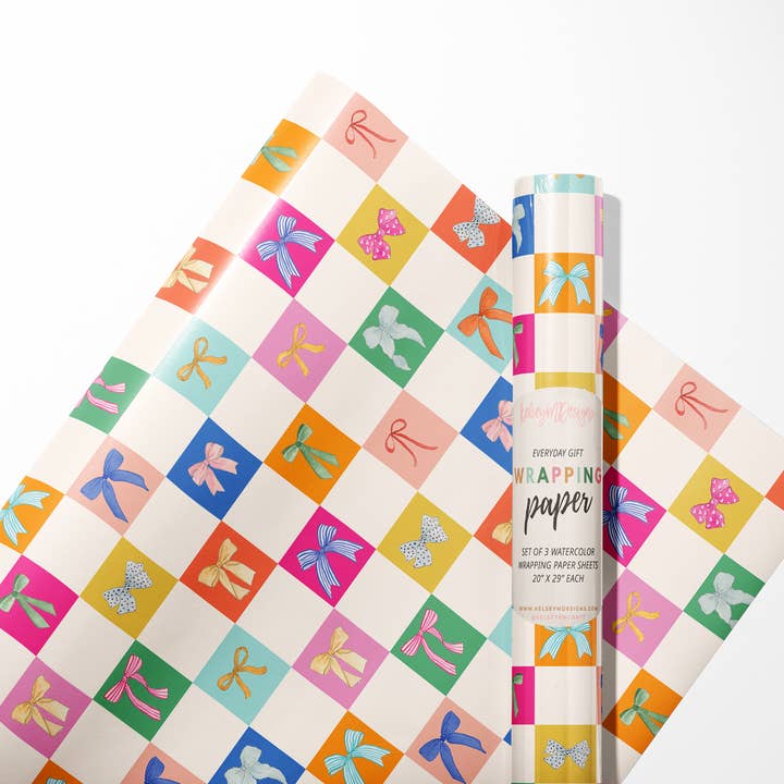 KelseyMDesigns - Wholesale Wrapping Paper Roll - Colorful Checkered Bows Wrapping Paper - 3 Sheet Roll