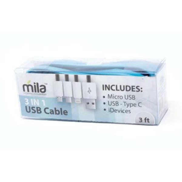 Mila Wholesale - Wholesale Charging Cable - 3 foot 3-in-1 charger Compact