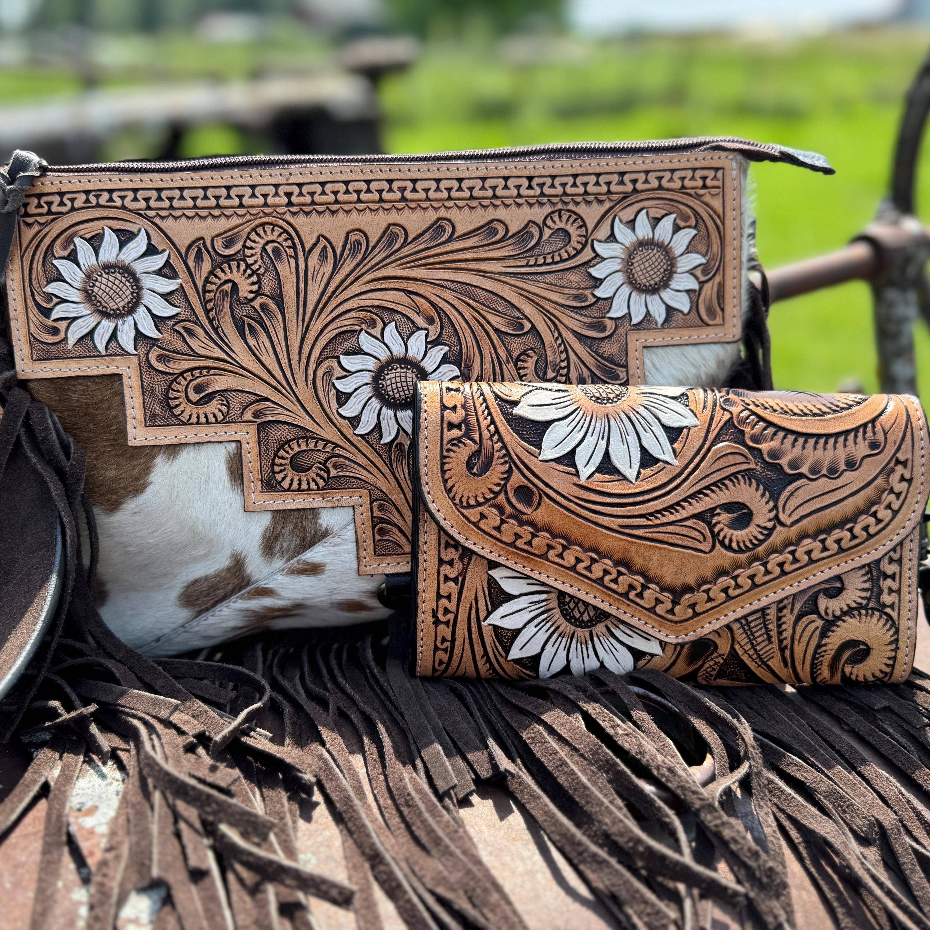 Double B Wild Rags - Wholesale Crossbody Bag - Women's - Genuine Western Cowhide Leather Purse and Clutch with white daisy floral painted details a Double B Wild Rags Exclusive1