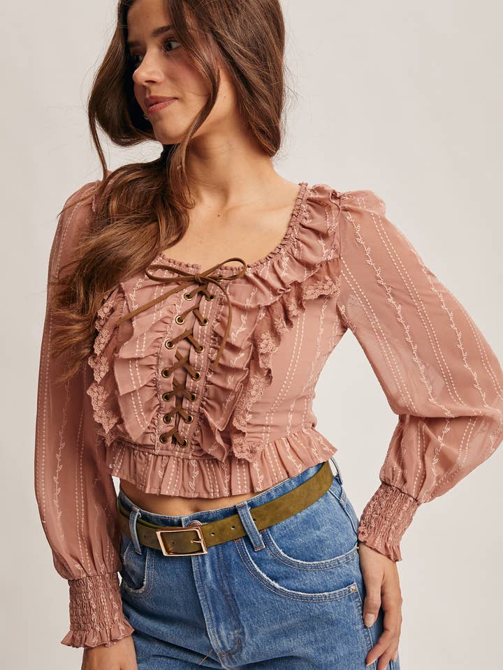 Rynkad blus med snörning och spets FT0014 för wholesale av Forte