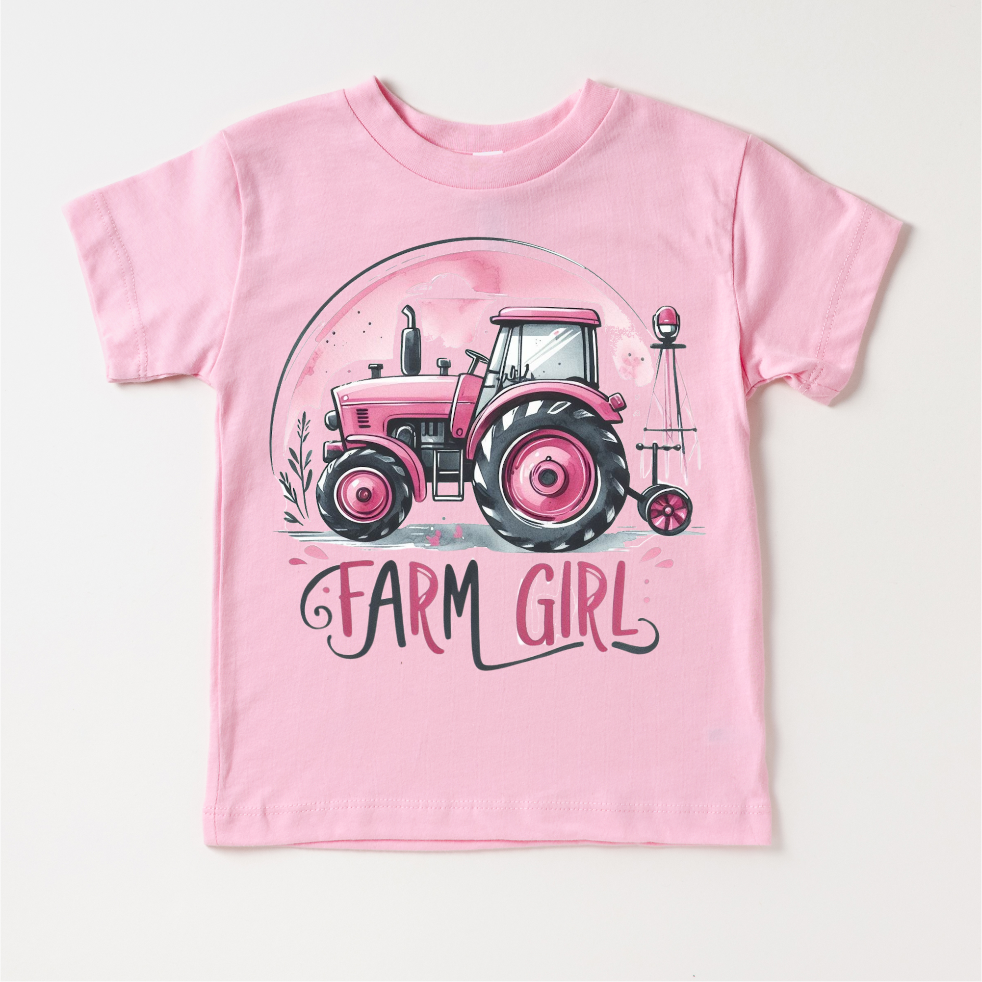 Madi Moosh - Wholesale Screen Printed T-Shirt - Kids - Farm Girl Pink Tractor Shirt - Girls Tractor Shirt0
