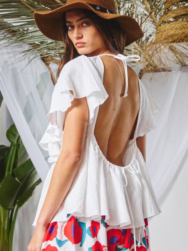 T1891 Open Back Pleated Solid Top for wholesale by BUCKETLIST INC