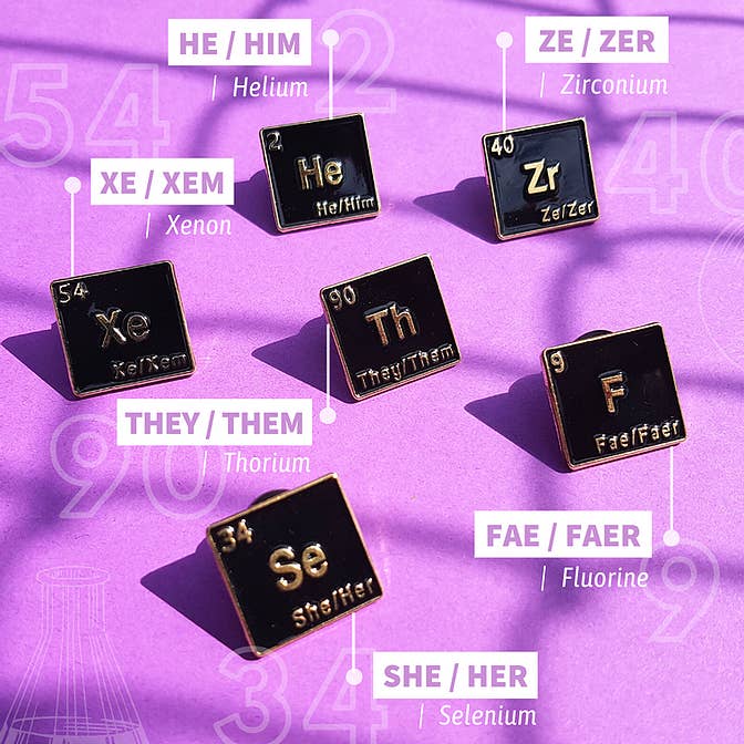 Queer Chemistry Pronouns Pins for wholesale by Yas Petit Poulet