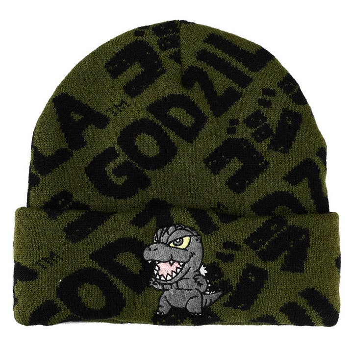 Godzilla Olive and Black Logo AOP Magic Jacquard Embroidered Beanie Hat for Men for wholesale by Bioworld Merchandising