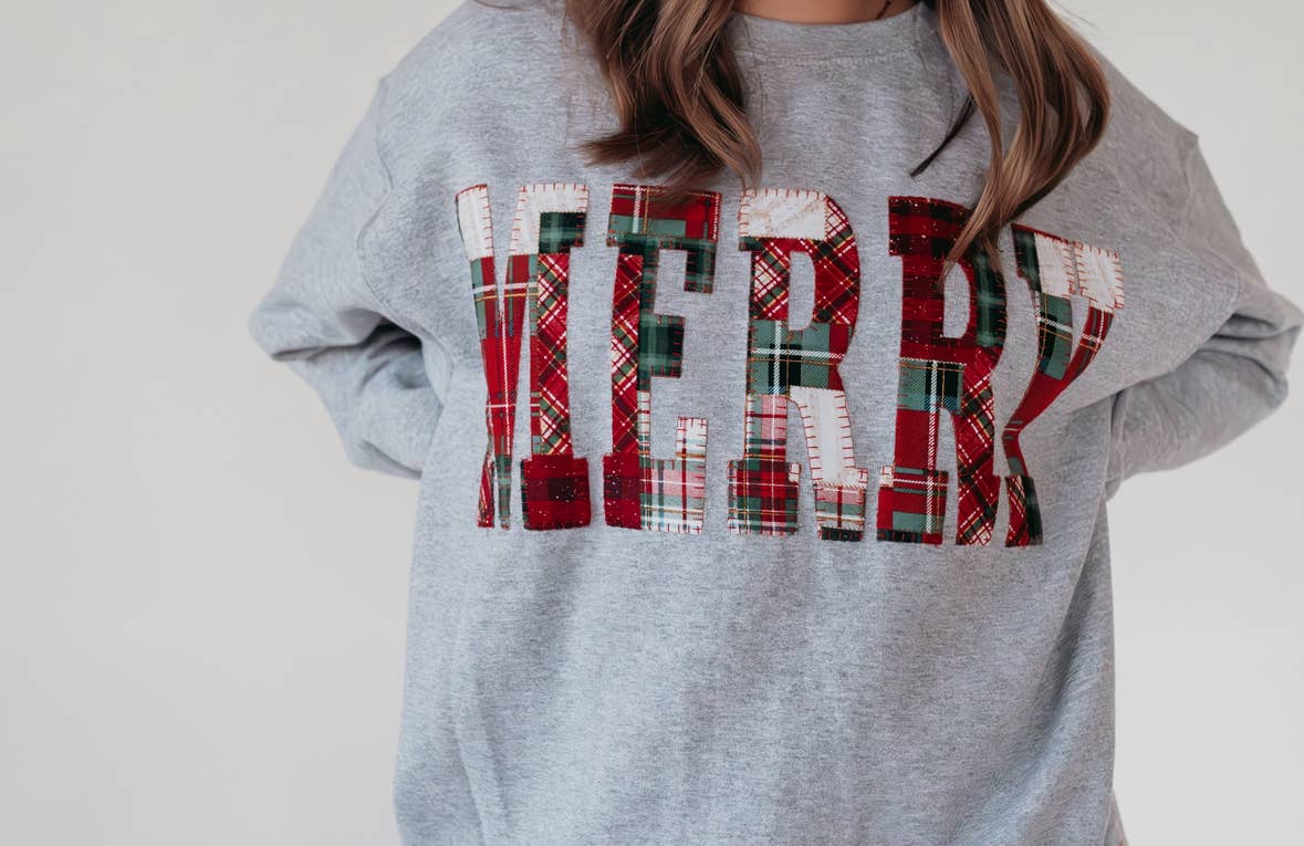 h.flynn - Wholesale Sweatshirt - Women's - PATCHWORK APPLIQUE MERRY - SPORT GREY CREW1